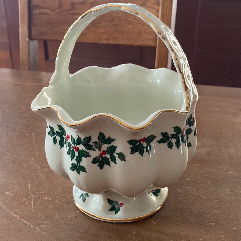 Christmas themed Candy Dish White Ceramic with Holly Design